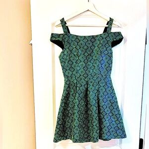 Green brocade mini dress Mustard Seed. green textured with blue sparkle thread